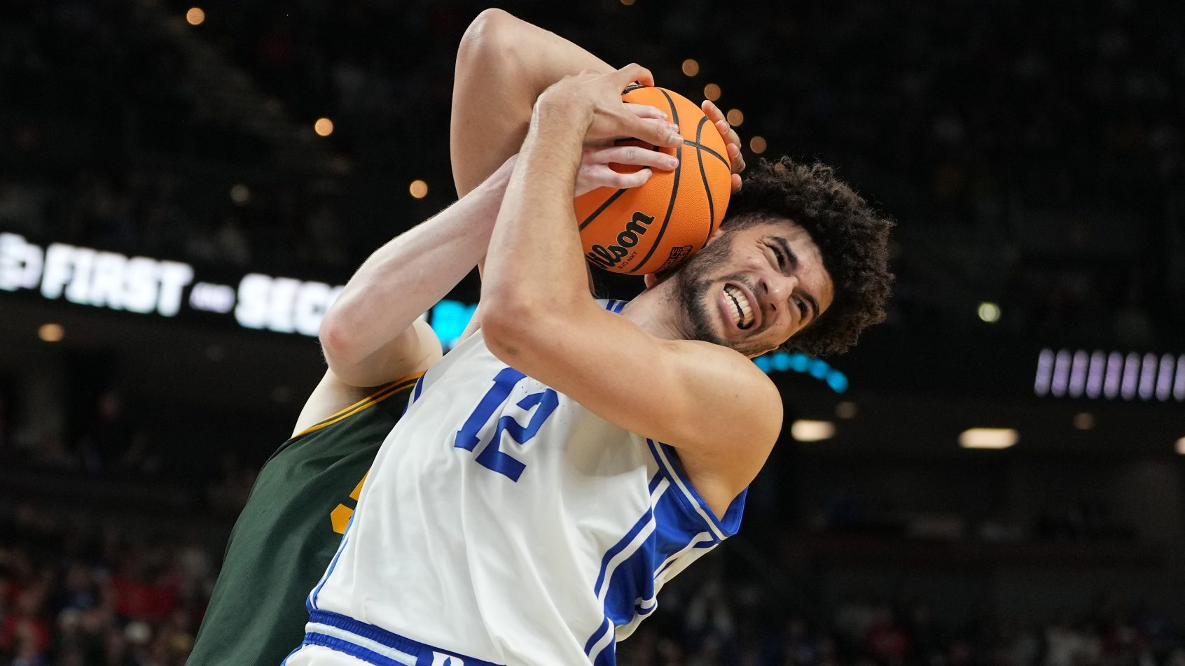 Duke Blue Devils forward Cameron Boozer grabs a rebound