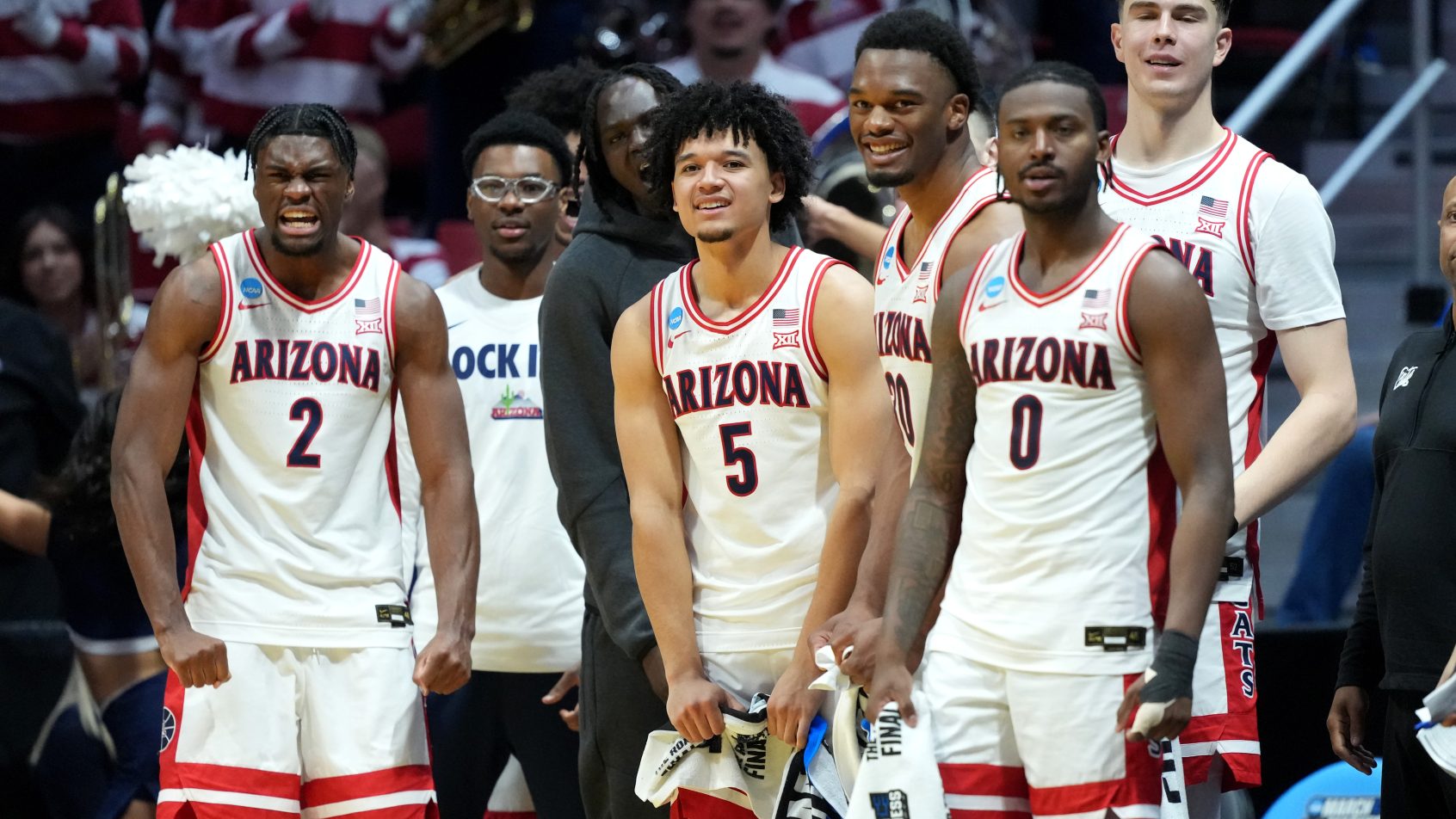The Arizona bench celebrates during their 1st Round blowout win versus LIU.
