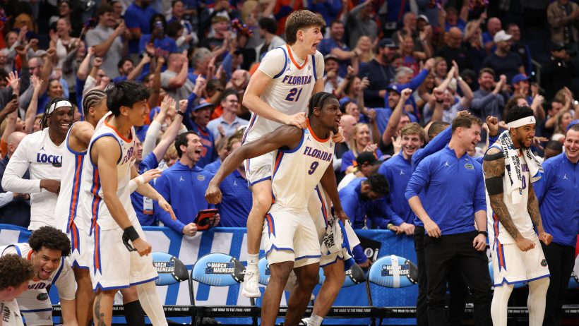 Florida's bench celebrates during their blowout victory over Prairie View A&M.
