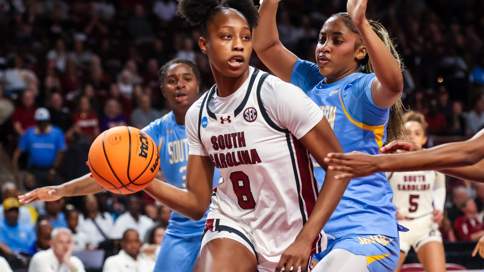 Joyce Edwards looks to dish to one of her South Carolina teammates in a 1st Round NCAA Tournament win over Southern.