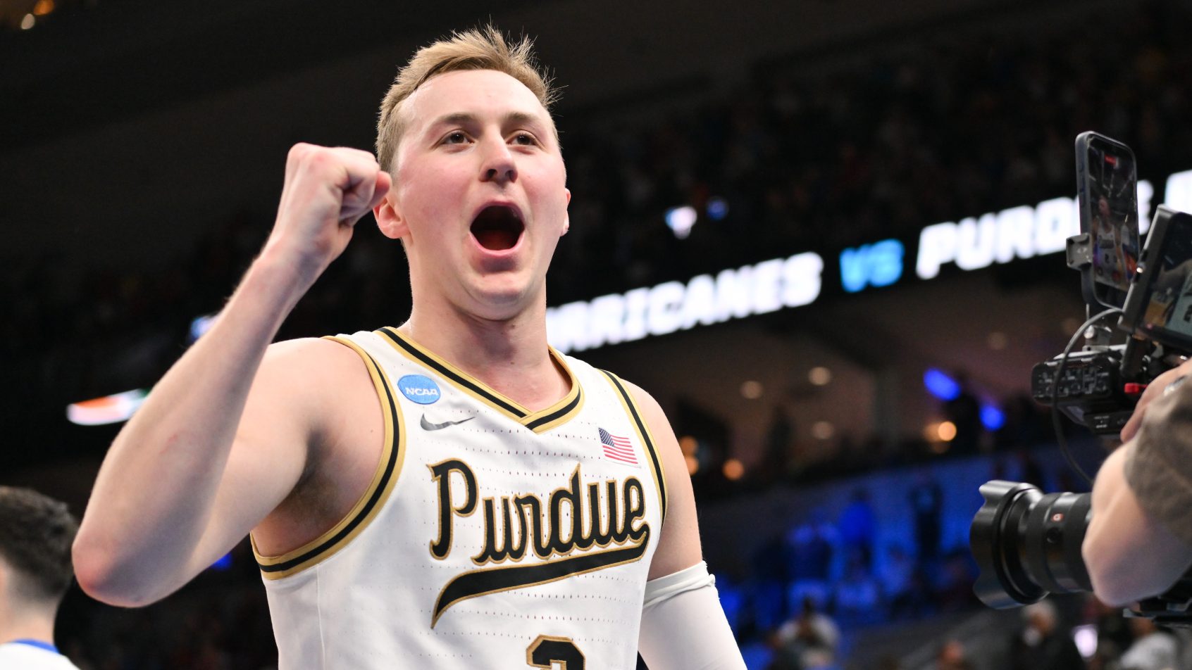 Purdue Boilermakers guard Fletcher Loyer celebrates a win
