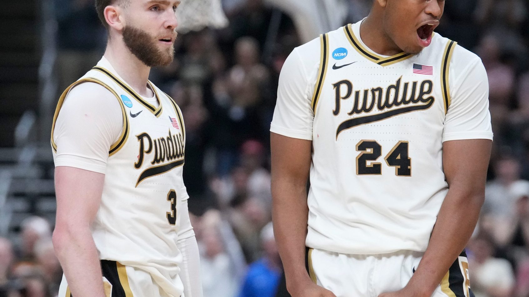 Purdue celebrates during its 2nd Round March Madness win over Miami.