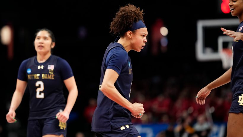 Notre Dame Fighting Irish guard Hannah Hidalgo celebrates