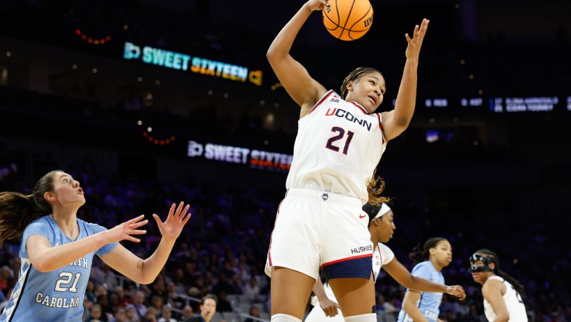 Sarah Strong pulls down a rebound in a victory over North Carolina at the Women's NCAA Tournament.