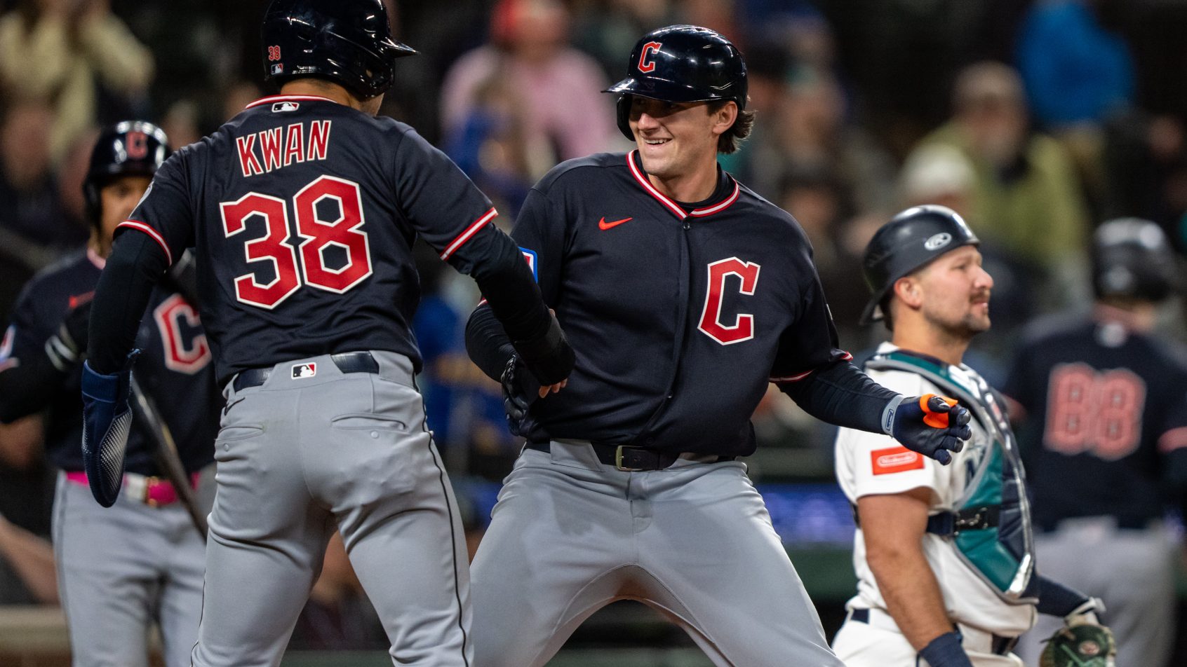 Cleveland Guardians designated hitter Chase DeLauter celebrates a home run