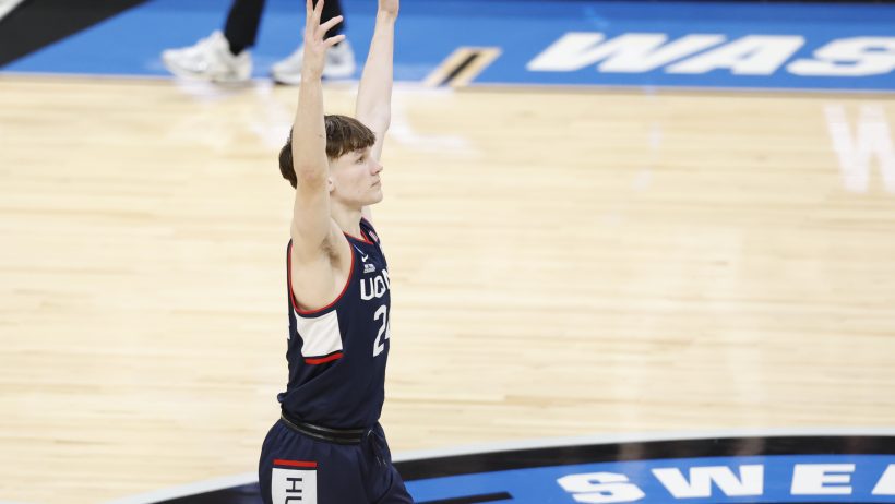 UConn Huskies guard Braylon Mullins celebrates his winning three vs Duke