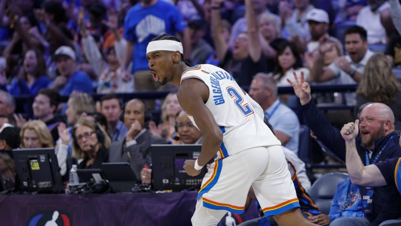 Shai Gilgeous-Alexander celebrates after a bucket versus the Knicks.