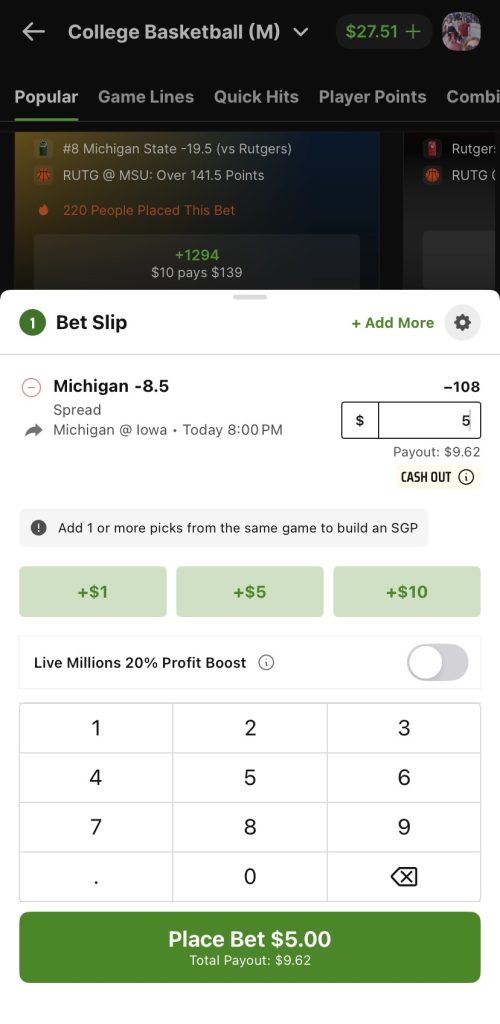 Placing a bet at DraftKings. how to bet on March Madness.