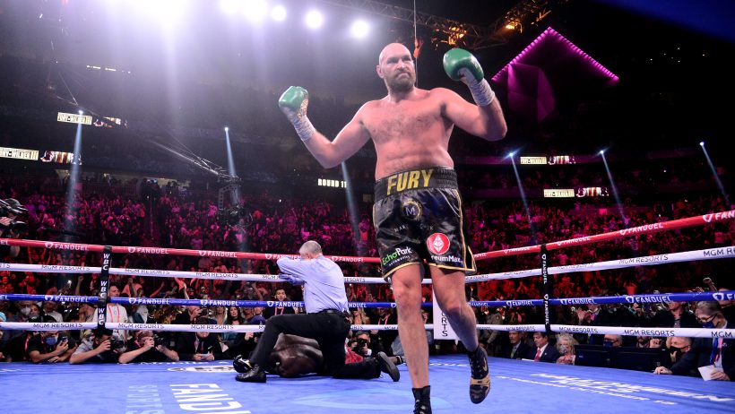 Tyson Fury celebrates a knockout win over Deontay Wilder in 2021.