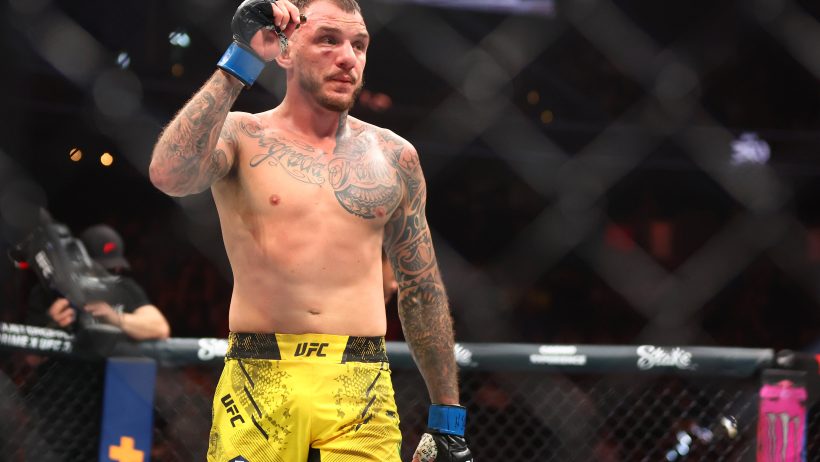 Renato Moicano reacts after a victory at UFC 300.