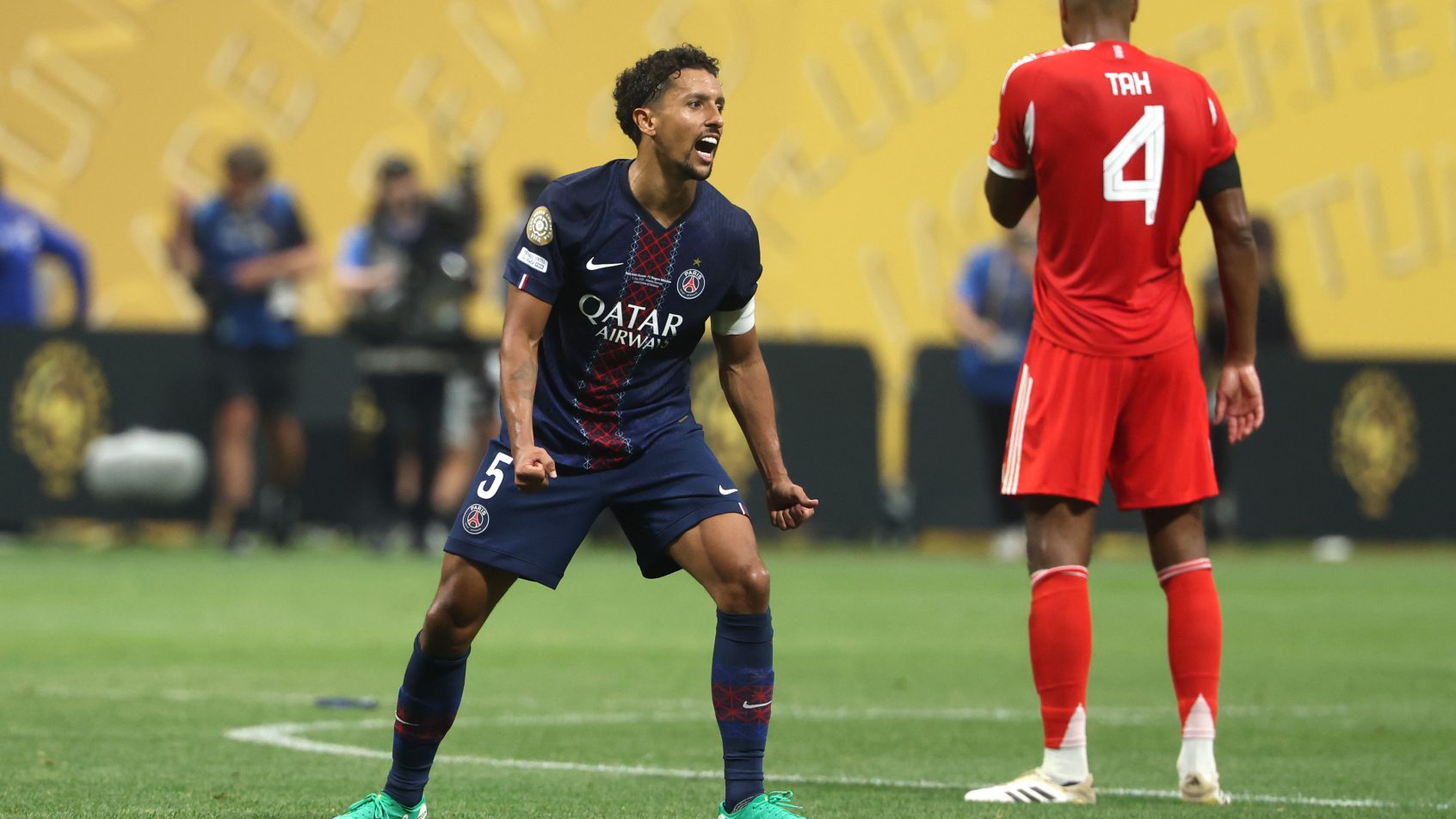 PSG defender Marquinhos celebrating a win