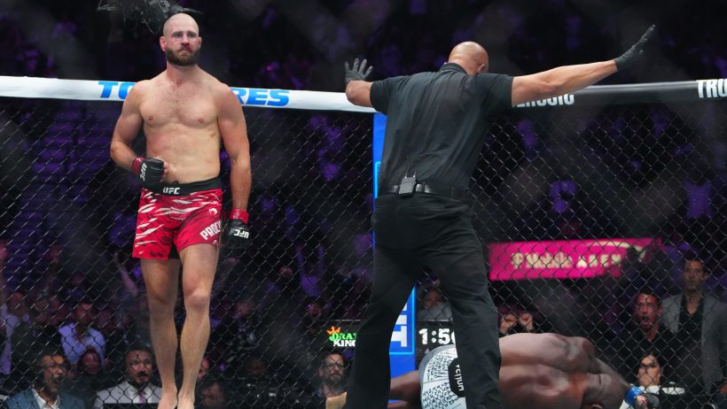 Jiri Prochazka reacts after the fight against Khalil Rountree Jr during UFC 320.