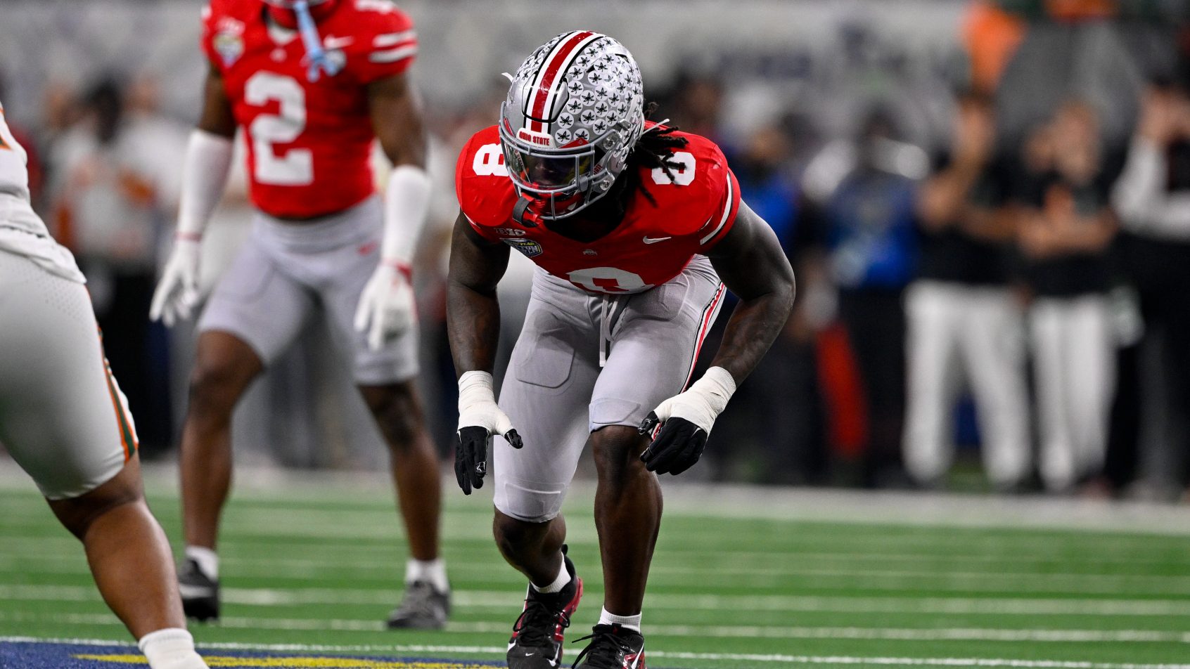 Arvell Reese lines up on the edge during a College Football Playoff game.