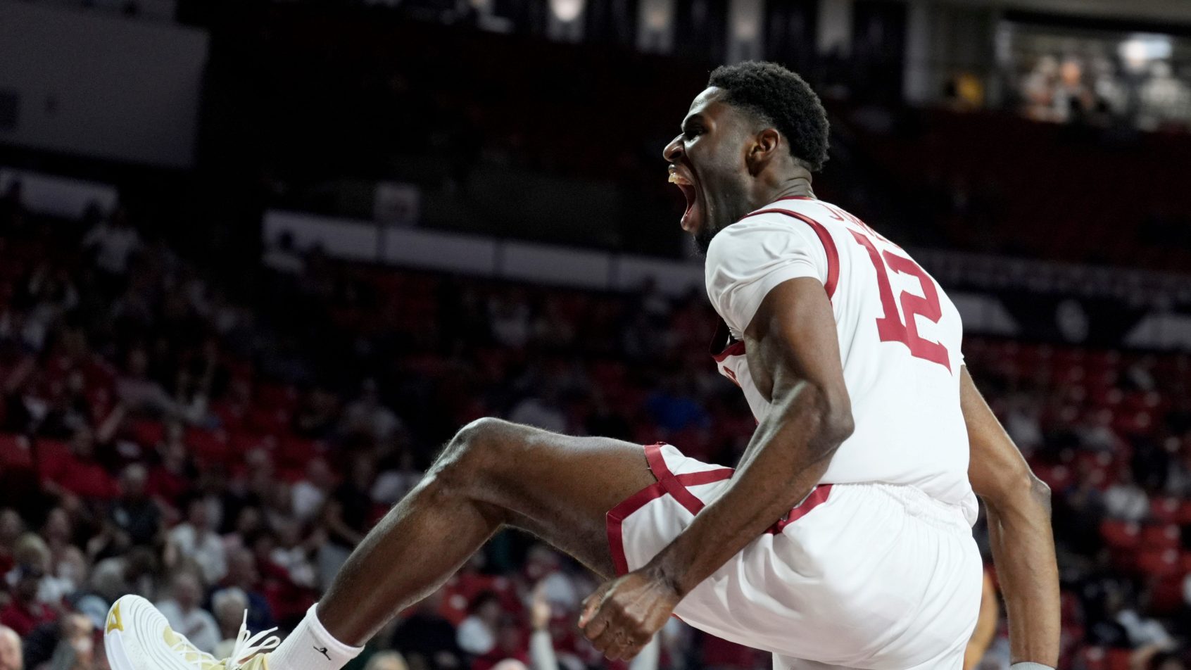 Oklahoma Sooners guard Jadon Jones celebrates a bucket