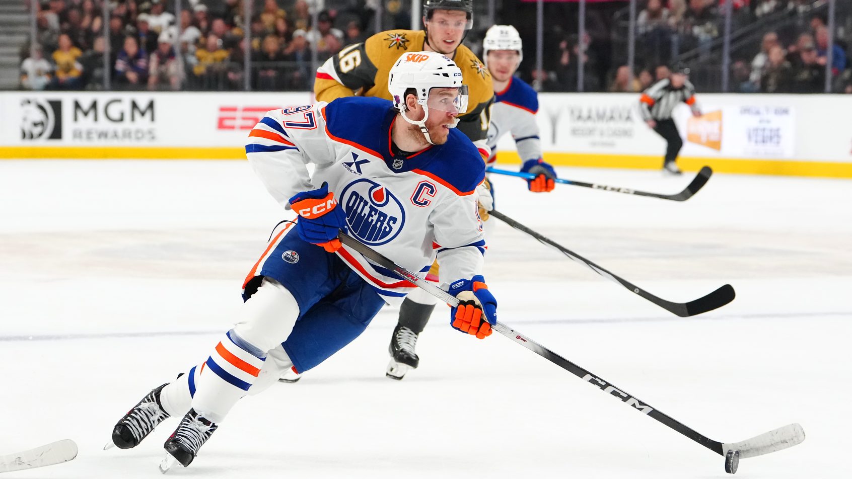 Edmonton Oilers center Connor McDavid controls the puck against Vegas Golden Knights