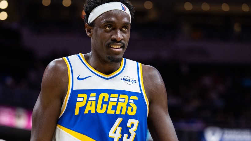 Pascal Siakam looks on in a game versus the Miami Heat.