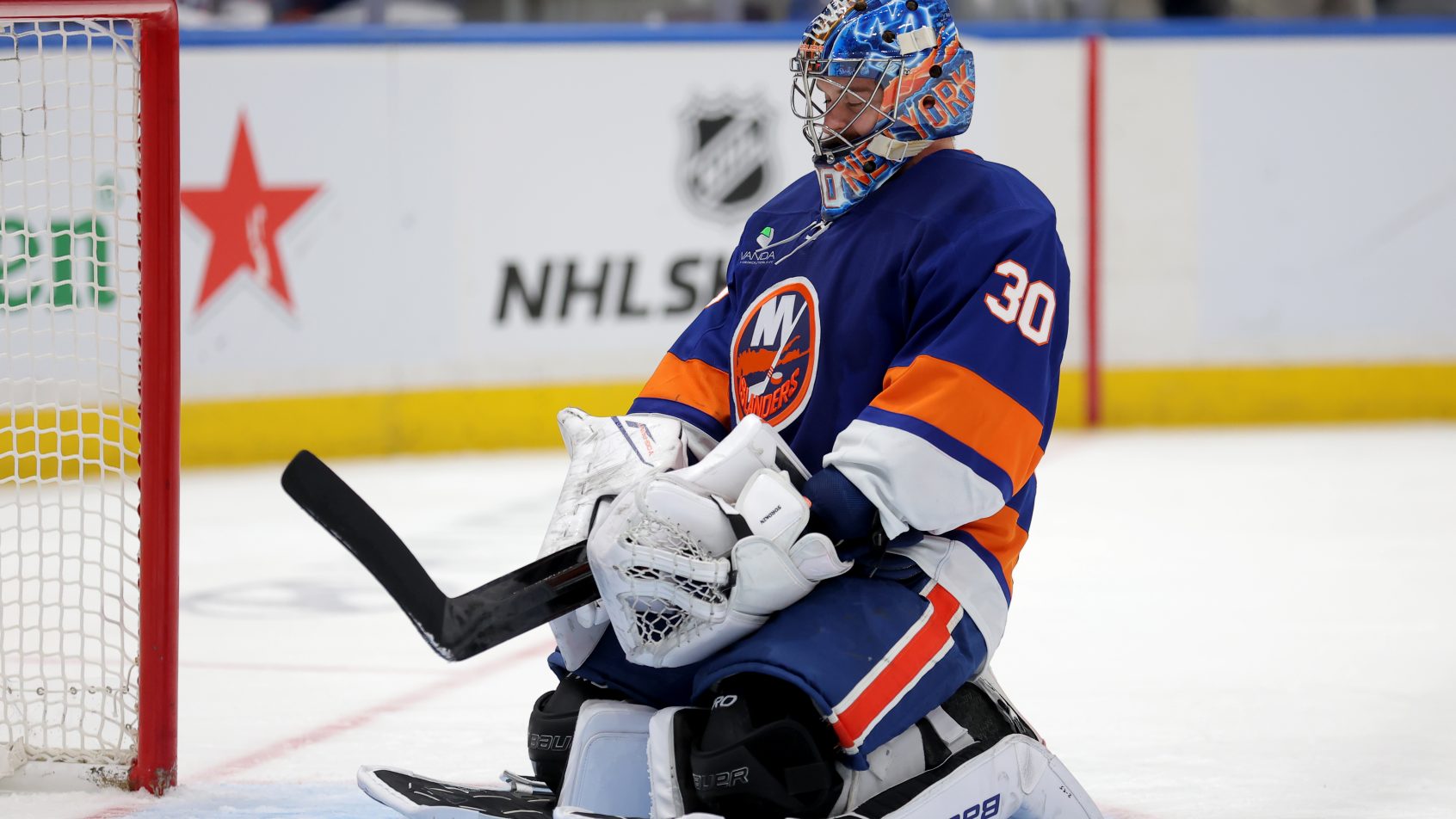 New York Islanders goaltender Ilya Sorokin reacts after a goal against