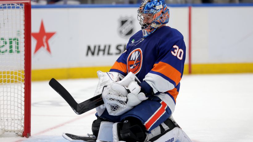 New York Islanders goaltender Ilya Sorokin reacts after a goal against