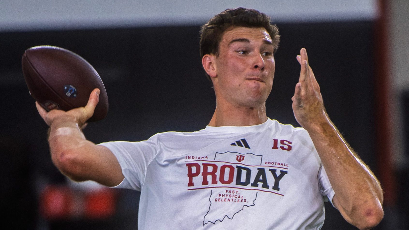 Fernando Mendoza throws in front of scouts as his Indiana pro day.