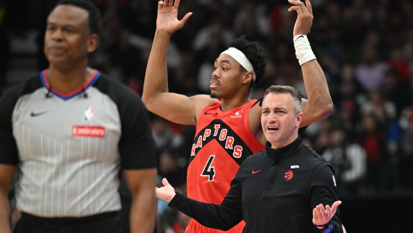 Scottie Barnes and Darko Rajakovic react to call against the Kings.