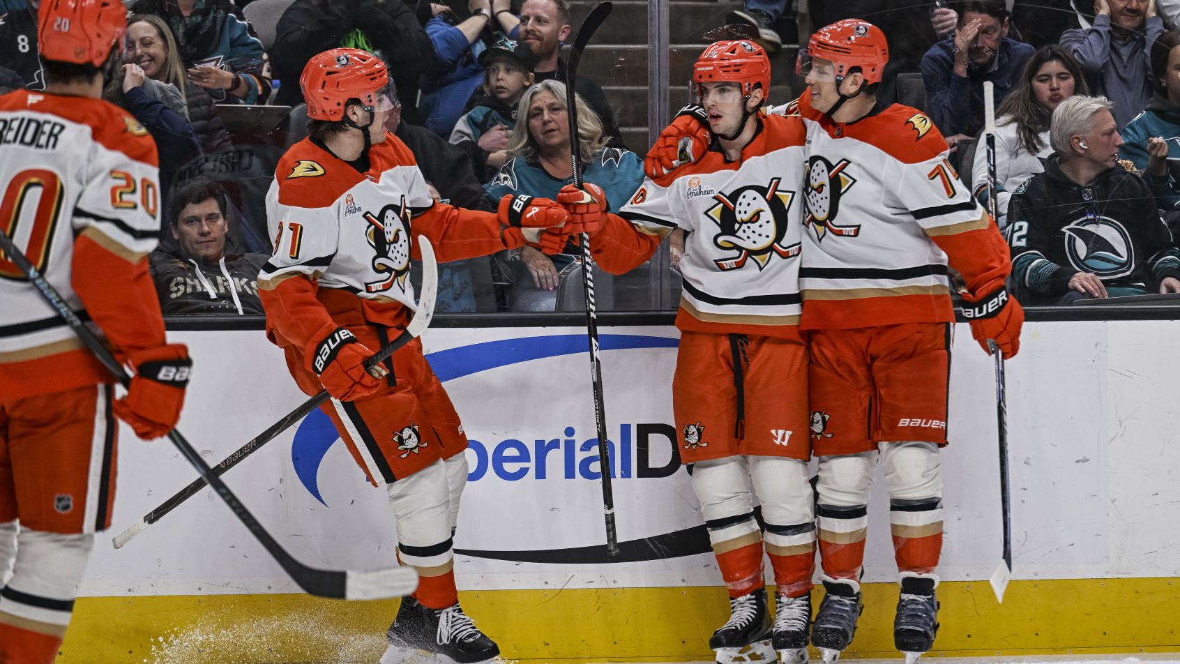 Troy Terry celebrates with his teammates after a goal versus San Jose.