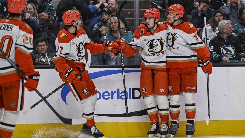 Troy Terry celebrates with his teammates after a goal versus San Jose.