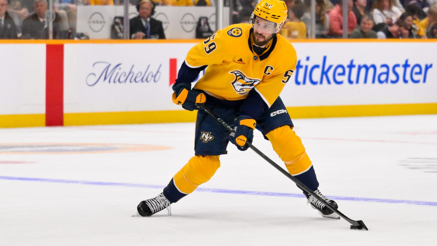 Roman Josi scales the blueline in a matchup versus the Canadiens.
