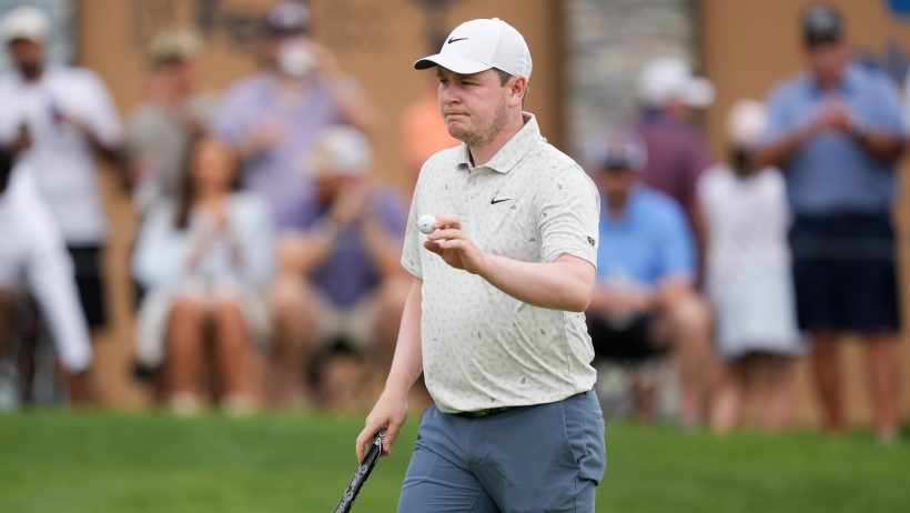 Robert MacIntyre acknowledges the crowd after making a putt at the Valero Texas Open.