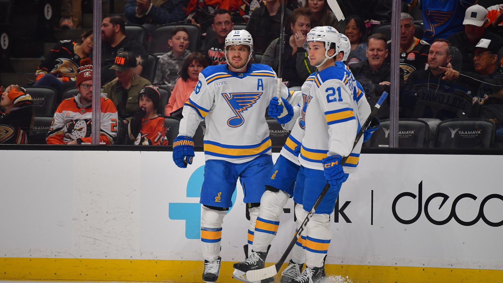 The Blues celebrate a goal versus the Ducks.