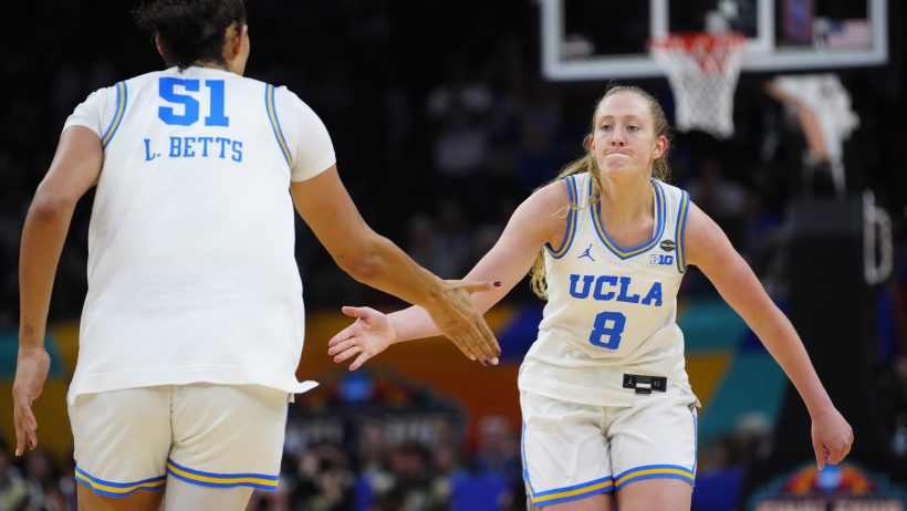UCLA forward Lauren Betts and guard Gianna Kneepkens