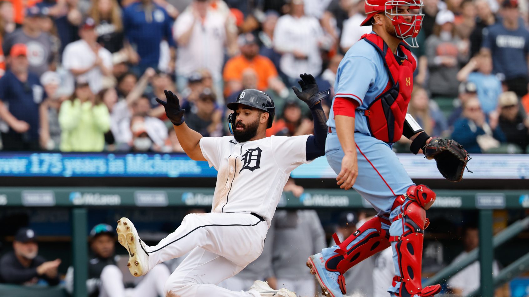 Detroit Tigers left fielder Riley Greene scores a run