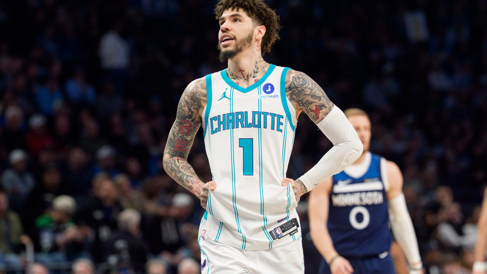 LaMelo Ball during a stoppage in play versus the Timberwolves.