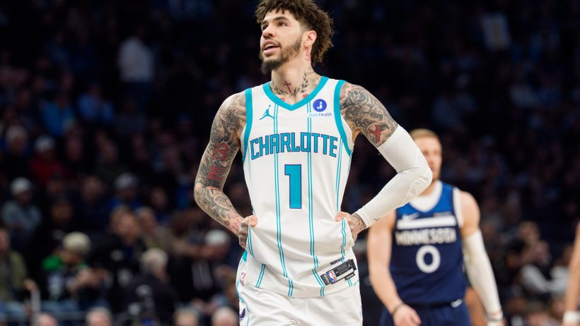 LaMelo Ball during a stoppage in play versus the Timberwolves.