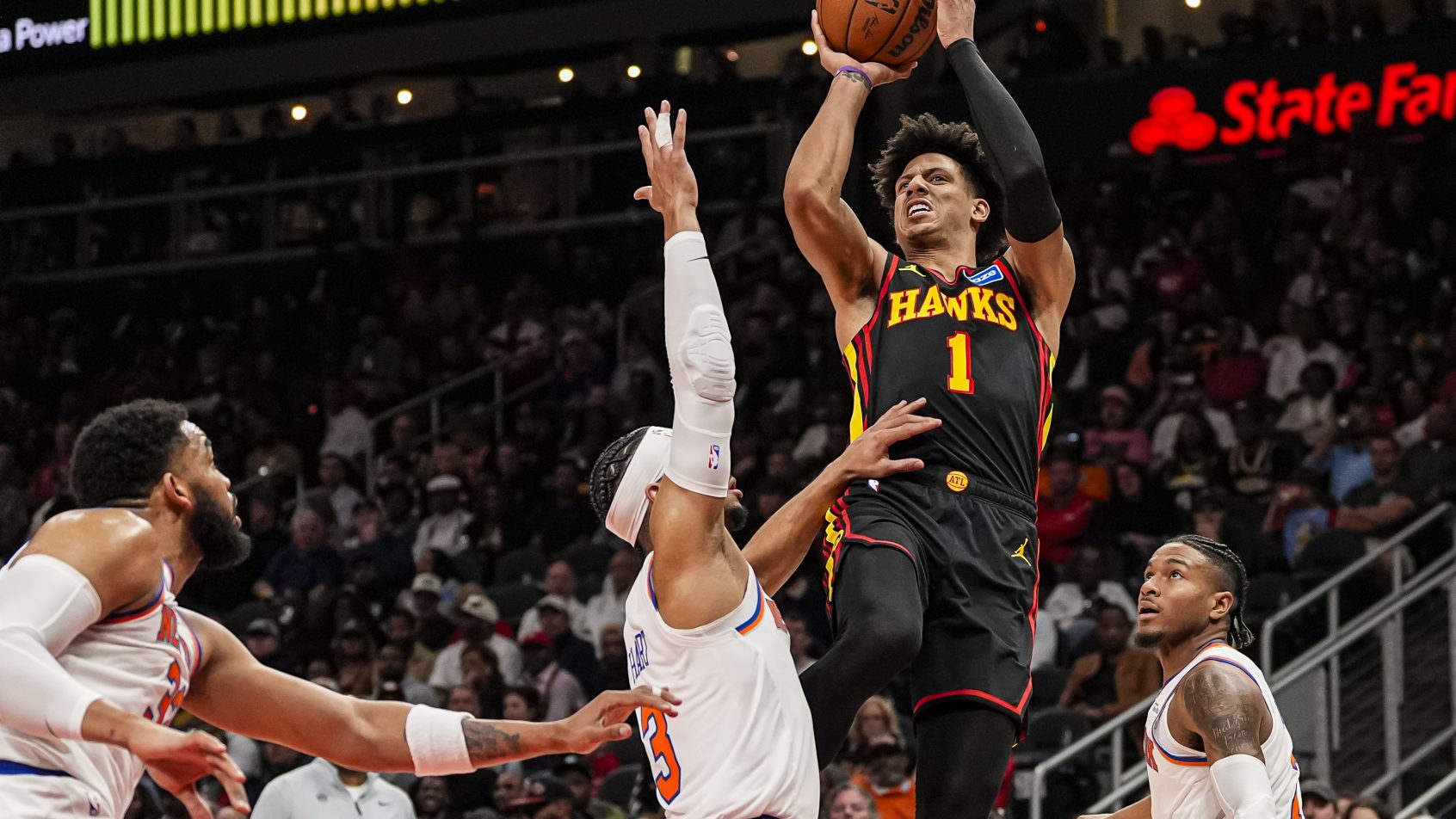 Atlanta Hawks forward Jalen Johnson shoots a jumper
