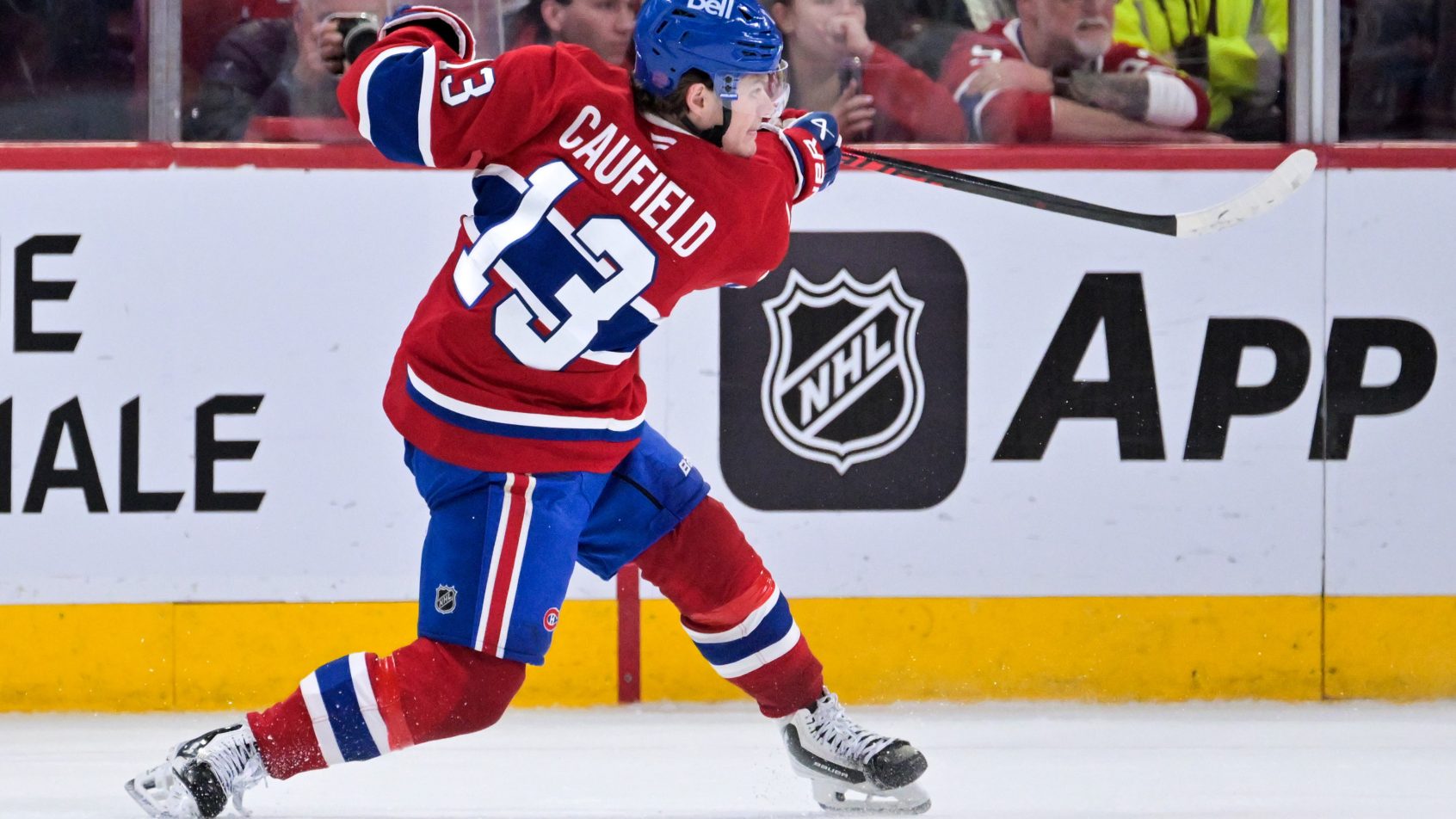 Montreal Canadiens forward Cole Caufield takes a shot on net during the third period of the game against the Florida Panthers.