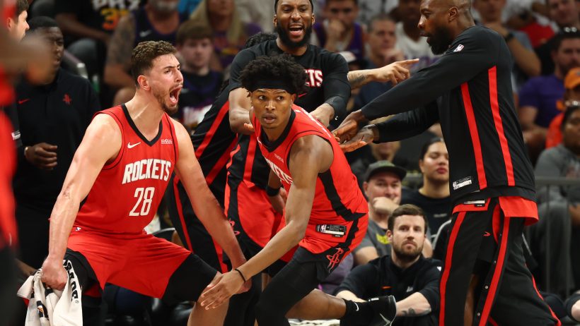 Amen Thompson races back up the court after a bucket.