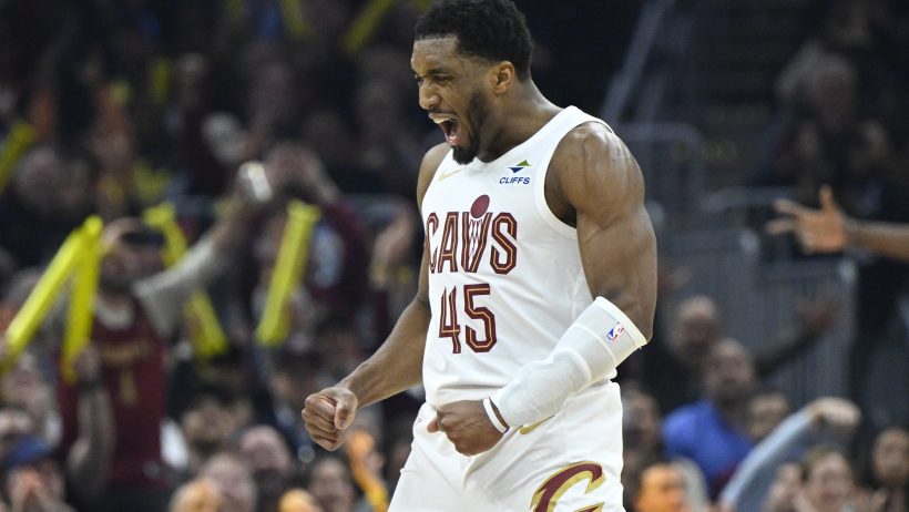 Donovan Mitchell celebrates versus the Hawks.
