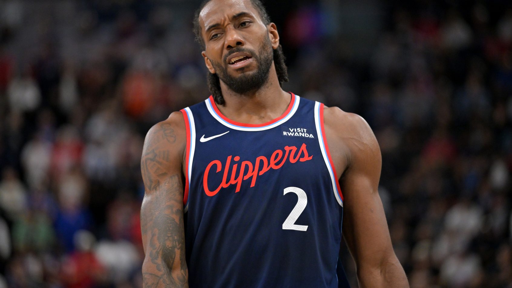 Kawhi Leonard reacts after missing a shot versus the Thunder.