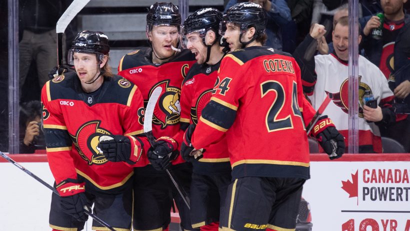 The Senators celebrate a goal versus the Panthers.