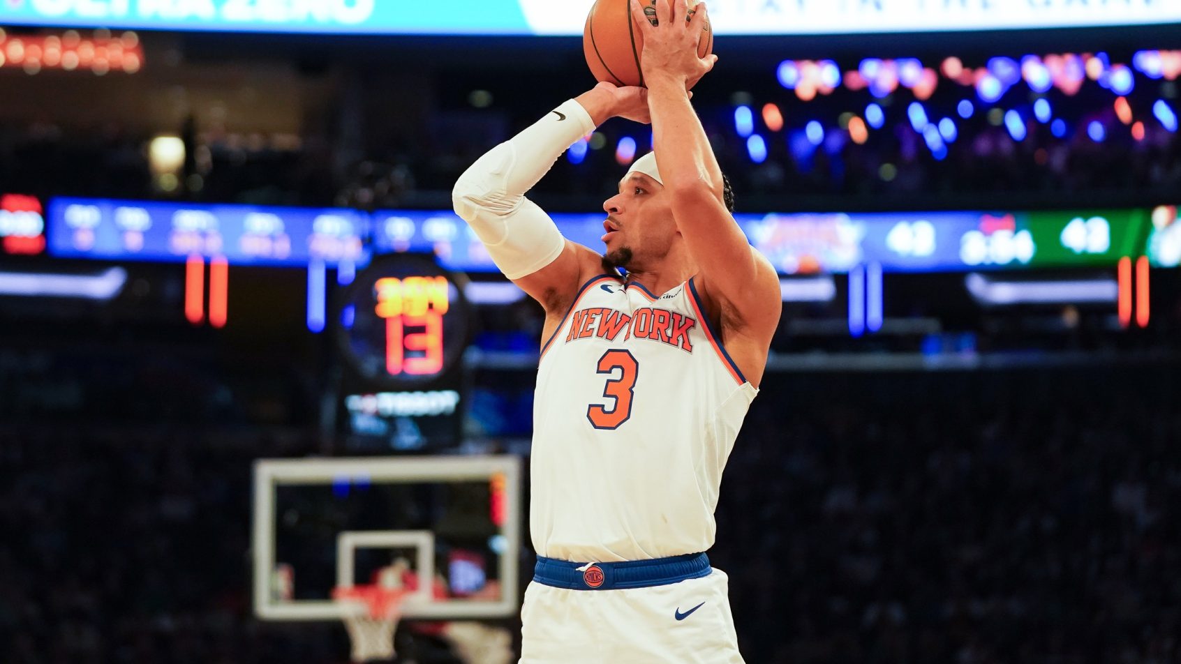 New York Knicks guard Josh Hart hits a three pointer during the first half against the Boston Celtics at Madison Square Garden.