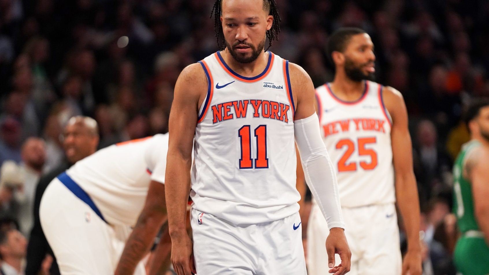 Jalen Bruson durinmg a stoppage in play in a game versus the Celtics.