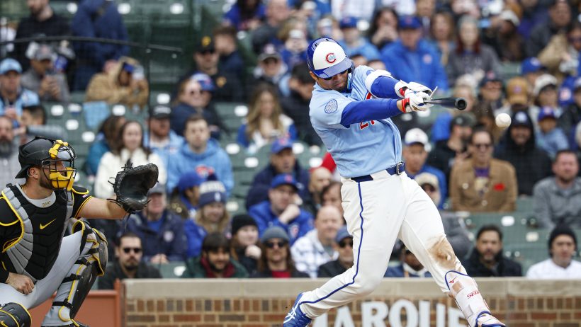 Seiya Suzuki singles in a game versus the Pirates at Wrigley Field.