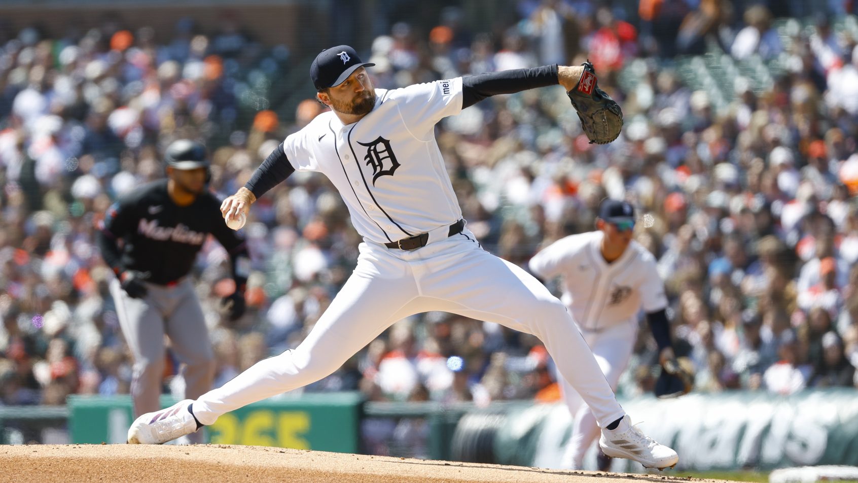 Casey Mize delivers a pitch versus the Marlins.