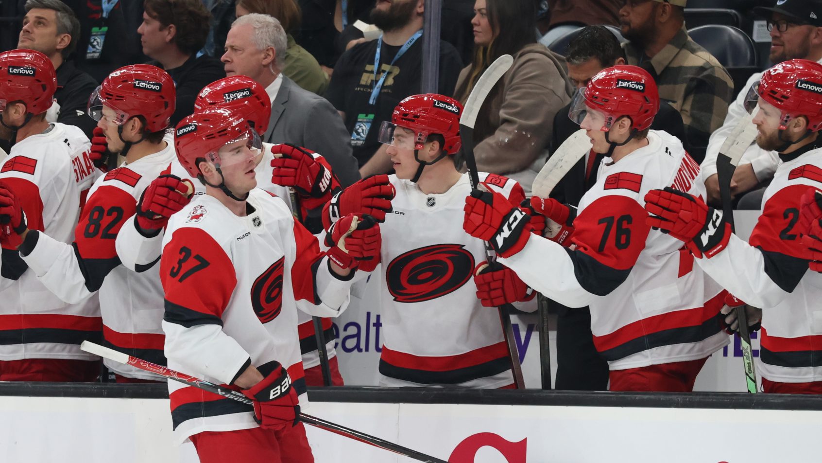 Andrei Svechnikov celebrates a goal with his Carolina teammates.