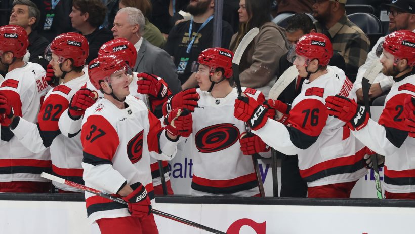 Andrei Svechnikov celebrates a goal with his Carolina teammates.