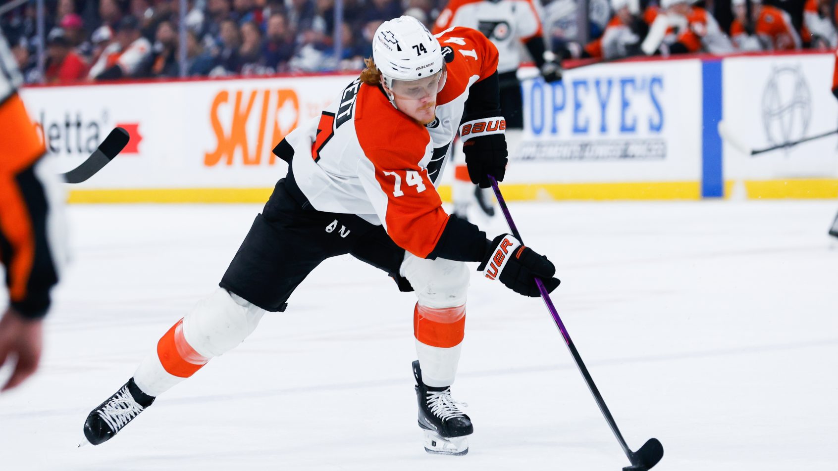 Philadelphia Flyers forward Owen Tippett skates into the Winnipeg Jets zone.