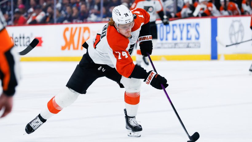 Philadelphia Flyers forward Owen Tippett skates into the Winnipeg Jets zone.