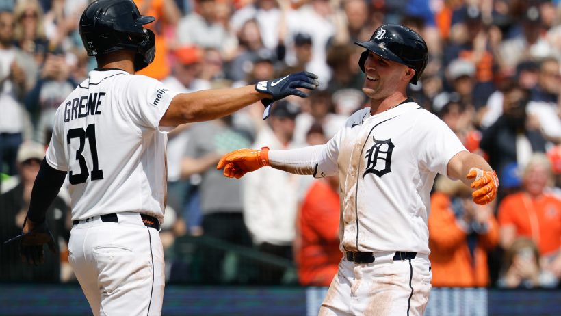 Detroit Tigers right fielder Kerry Carpenter receives congratulations from left fielder Riley Greene after he hits a two run home run in the sixth inning against the Miami Marlins.