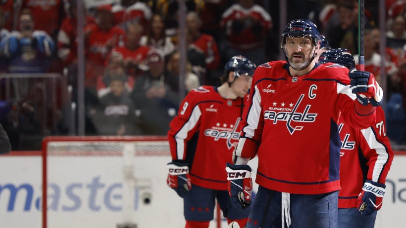 Alex Ovechkin smiles to the Penguins team after waving off a handshake line in his final home game of 2025-26.