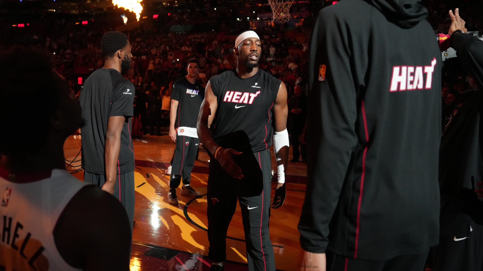 Bam Adebayo during Heat intros before a game versus the Hawks.